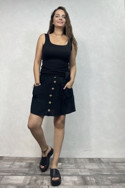 Bohem Düğme Detaylı Mini Etek - Siyah