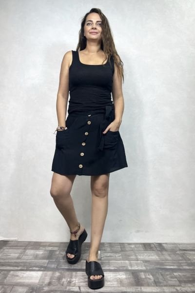 Bohem Düğme Detaylı Mini Etek - Siyah
