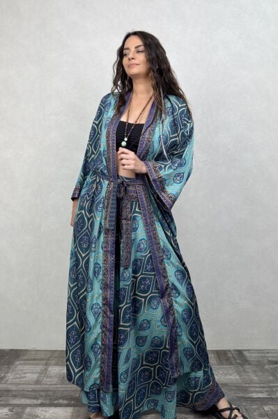 Premium İpek Kimono - Mavi Kronos