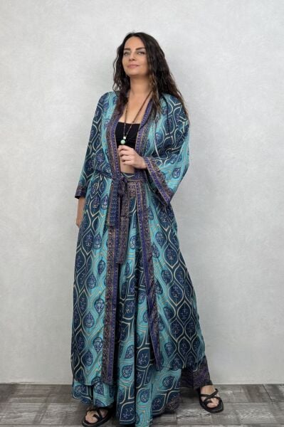 Premium İpek Kimono - Mavi Kronos