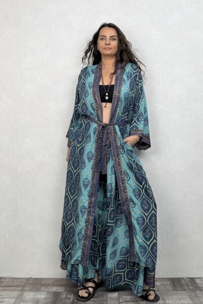 Premium İpek Kimono - Mavi Kronos