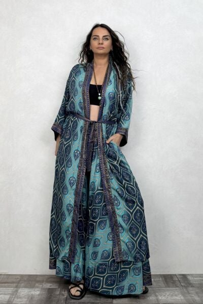 Premium İpek Kimono - Mavi Kronos