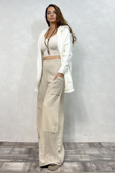 File Detaylı Gabardin Pantolon Bej