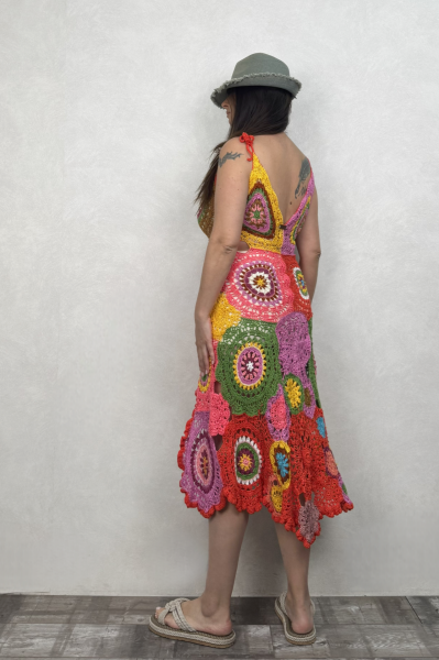 Asimetrik Hand Made Motif Elbise - Çok Renkli