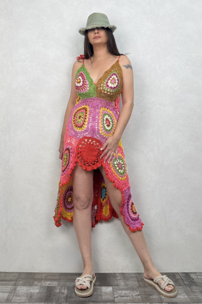 Asimetrik Hand Made Motif Elbise - Çok Renkli
