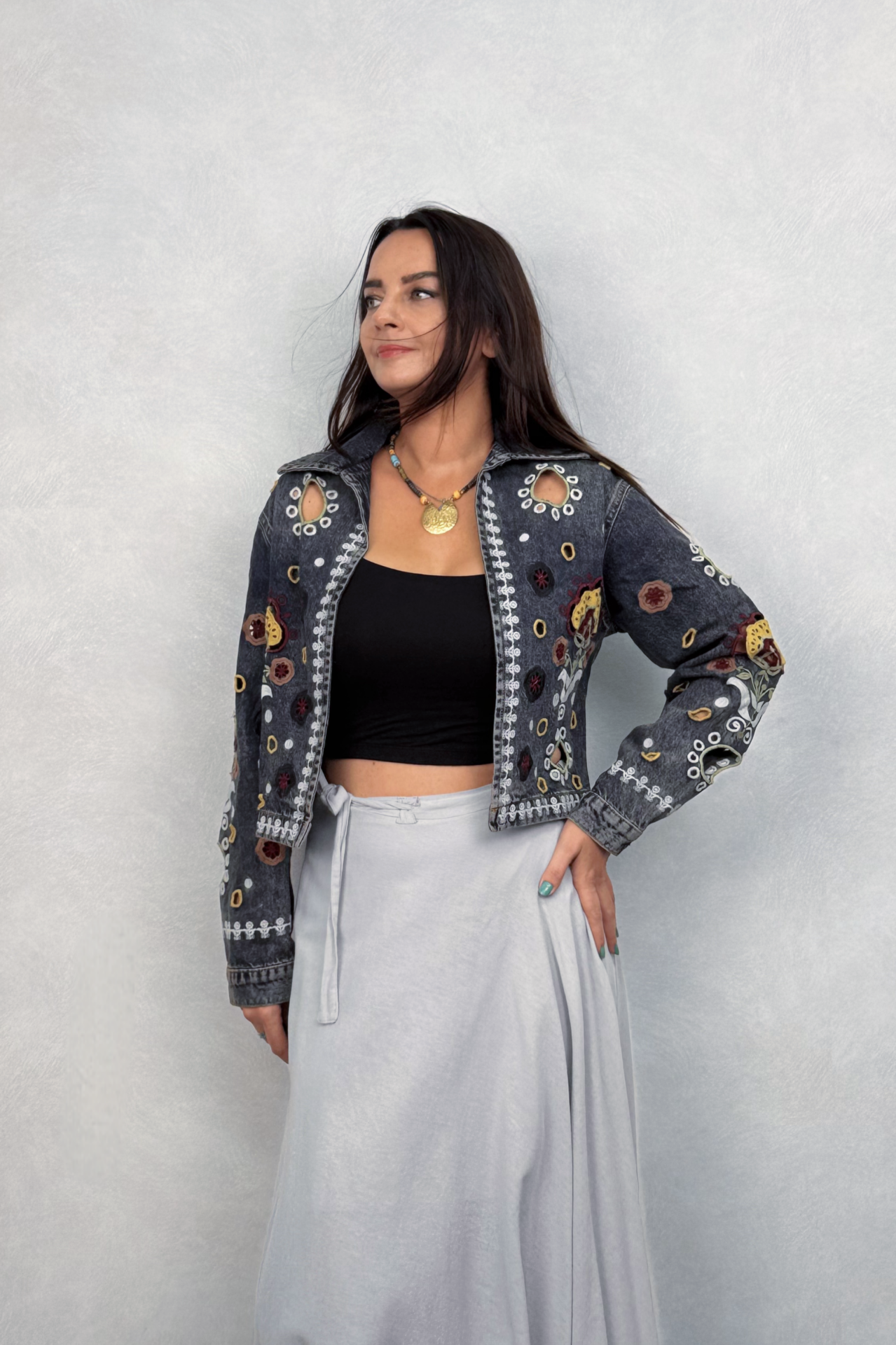 Nakışlı Tasarım Kot Ceket - Mavi