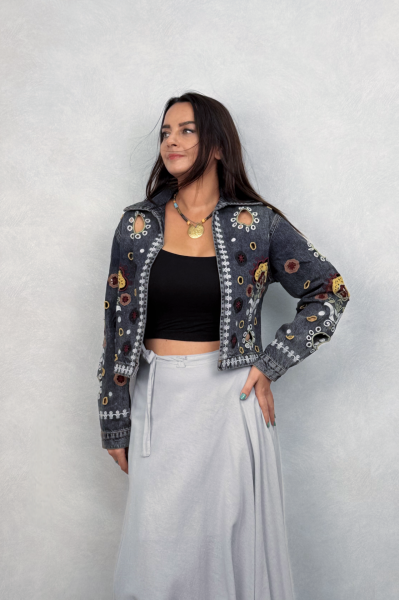 Nakışlı Tasarım Kot Ceket - Mavi