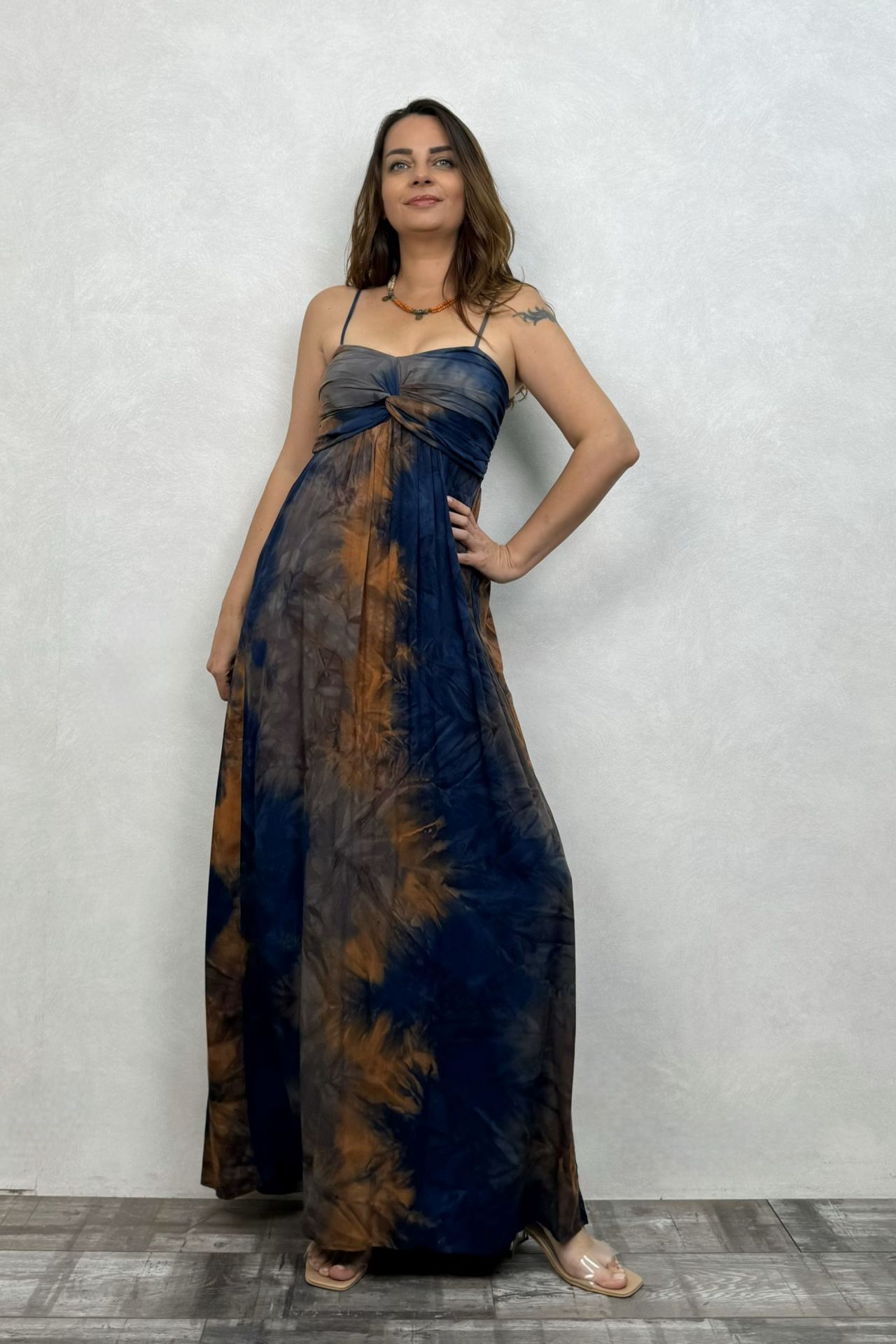 Düğüm Detaylı Batik Elbise - Lacivert
