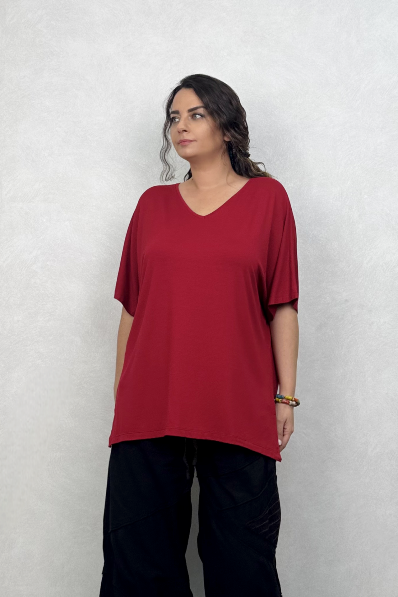V Yaka Kısa Kollu Salaş Bluz - Bordo
