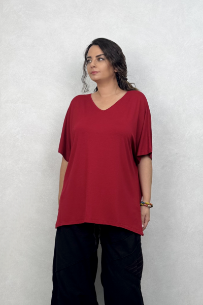 V Yaka Kısa Kollu Salaş Bluz - Bordo