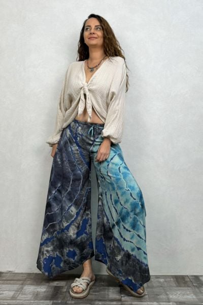 Yırtmaçlı Batik Pantolon - İndigo Mavi