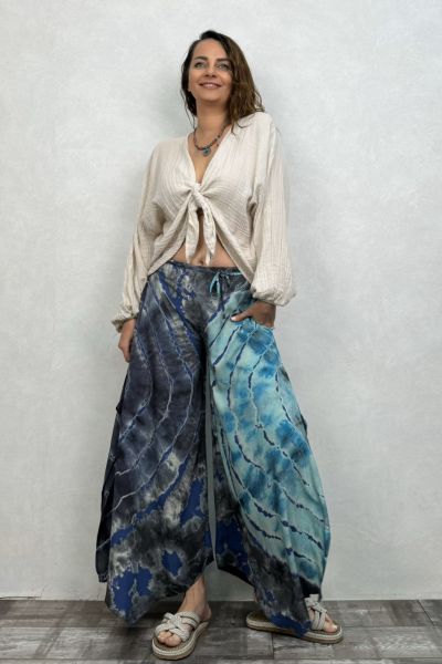 Yırtmaçlı Batik Pantolon - İndigo Mavi