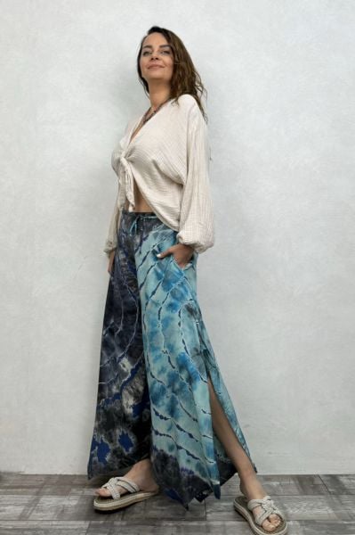Yırtmaçlı Batik Pantolon - İndigo Mavi