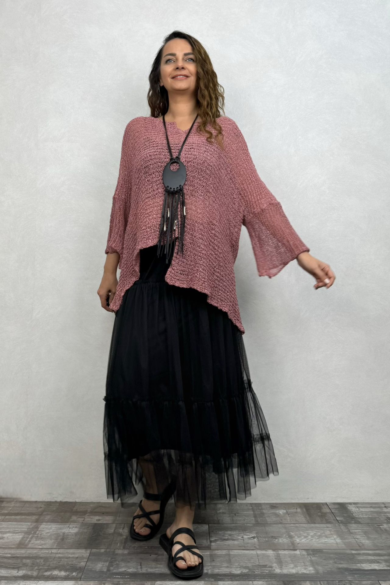 Merserize Bluz ve Tül Etek Kombin - Gül Kurusu Siyah