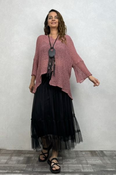 Merserize Bluz ve Tül Etek Kombin - Gül Kurusu Siyah