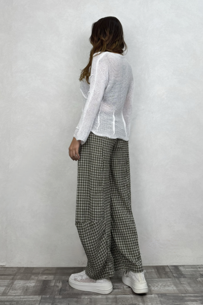 Paça Detaylı Gofre Pantolon - Açık Haki Ekose