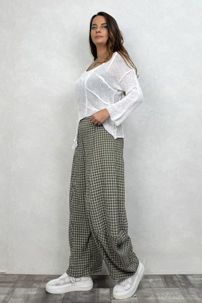 Paça Detaylı Gofre Pantolon - Açık Haki Ekose