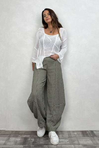 Paça Detaylı Gofre Pantolon - Açık Haki Ekose