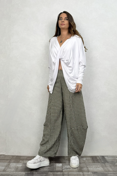 Paça Detaylı Gofre Pantolon - Açık Haki Ekose
