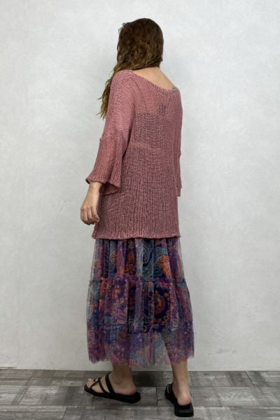 Merserize Bluz ve Tül Etek Kombin - Gül Kurusu Mor Tribal