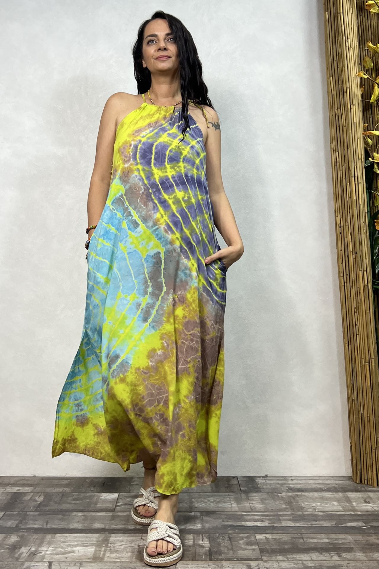 Batik Yırtmaçlı Elbise - Sarı