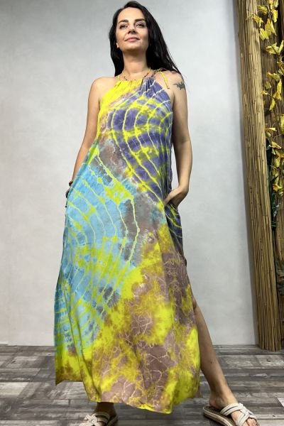 Batik Yırtmaçlı Elbise - Sarı
