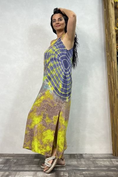 Batik Yırtmaçlı Elbise - Sarı