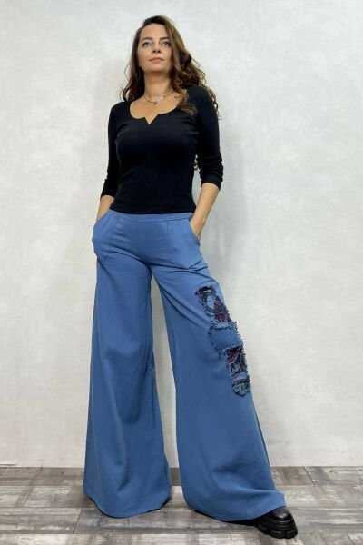 Yama Detaylı Gabardin Pantolon - İndigo Mavi