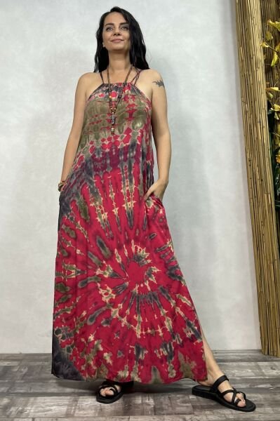 Batik Yırtmaçlı Elbise - Pembe
