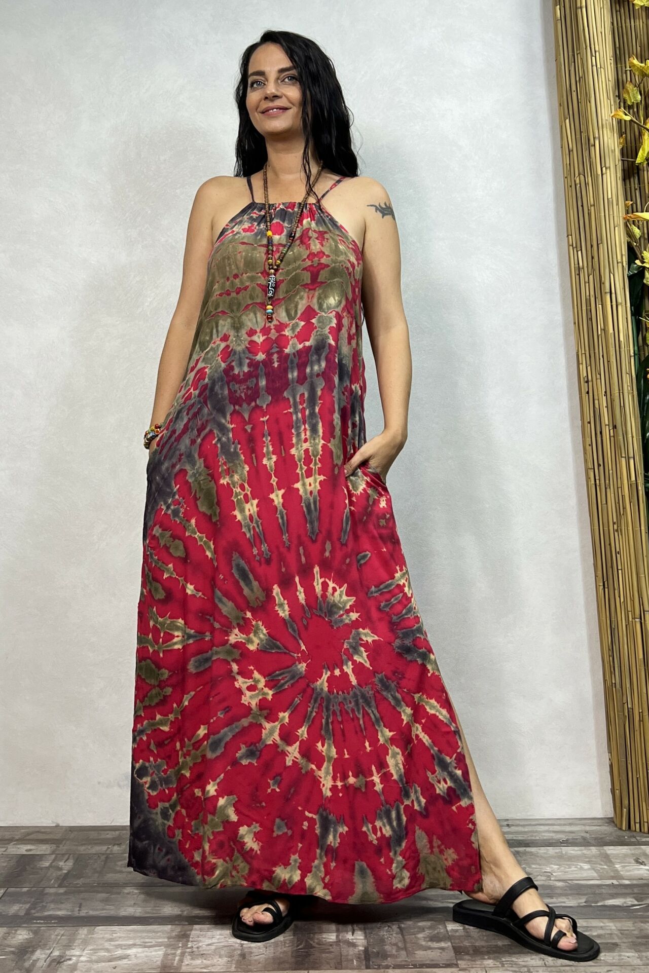 Batik Yırtmaçlı Elbise - Pembe