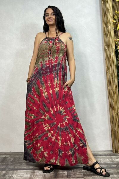 Batik Yırtmaçlı Elbise - Pembe