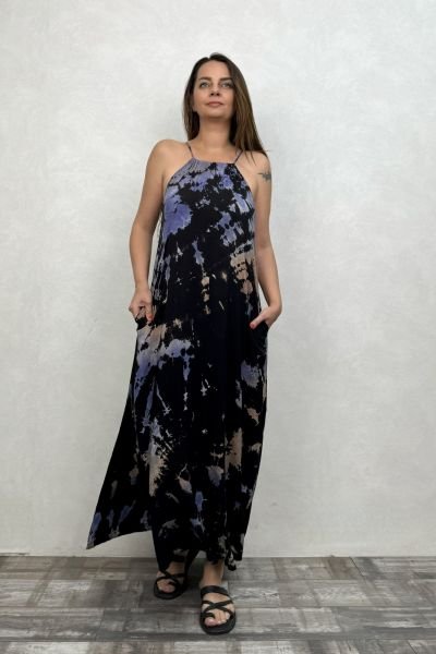 Batik Yırtmaçlı Elbise - Siyah