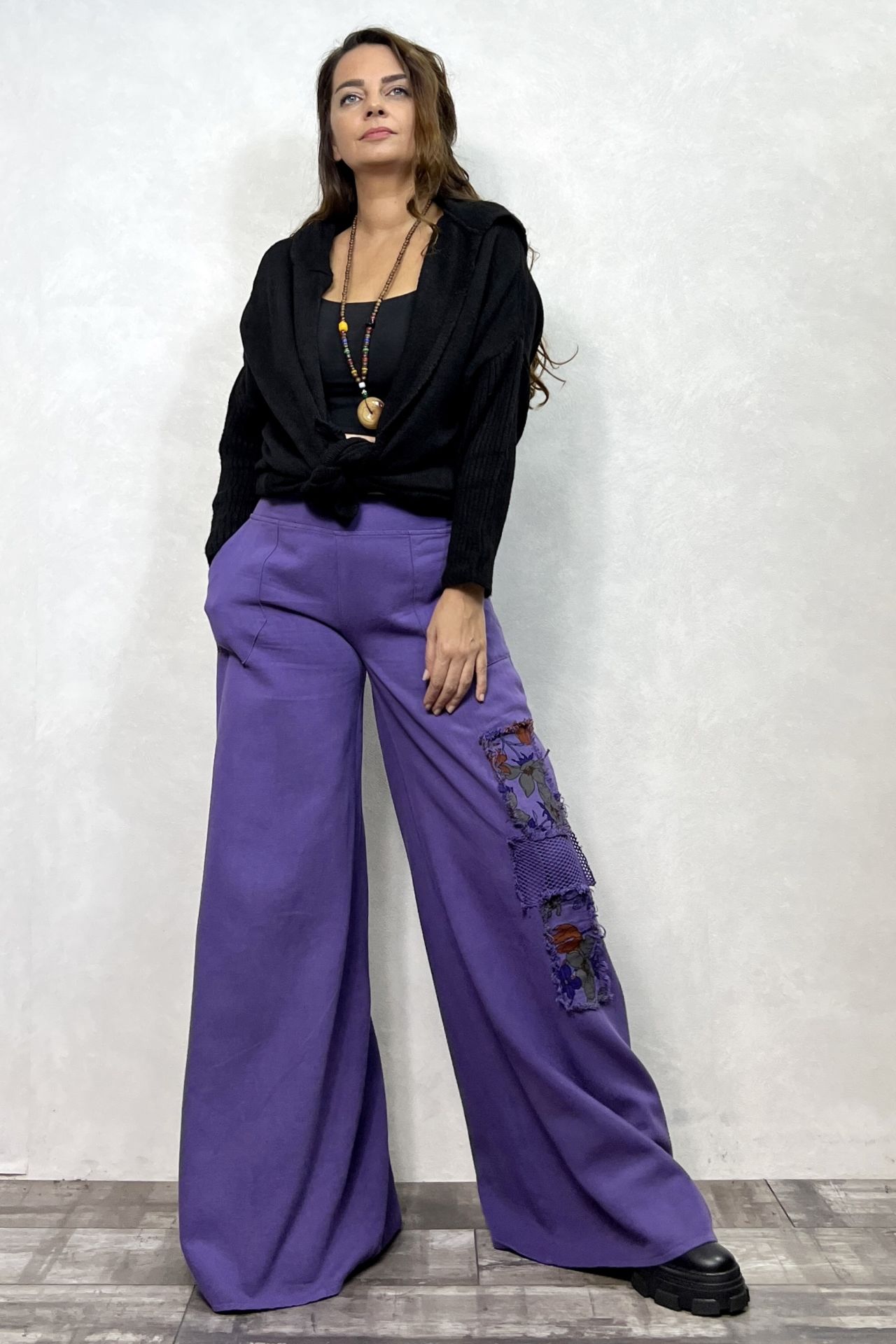Yama Detaylı Gabardin Pantolon - Mor