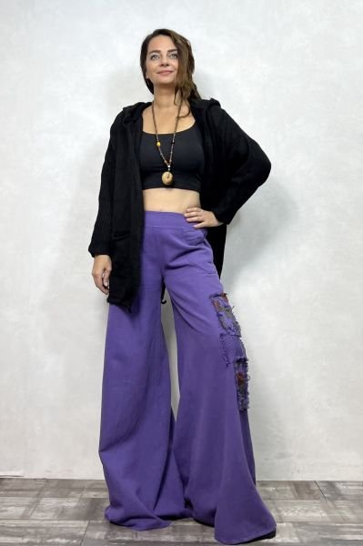 Yama Detaylı Gabardin Pantolon - Mor