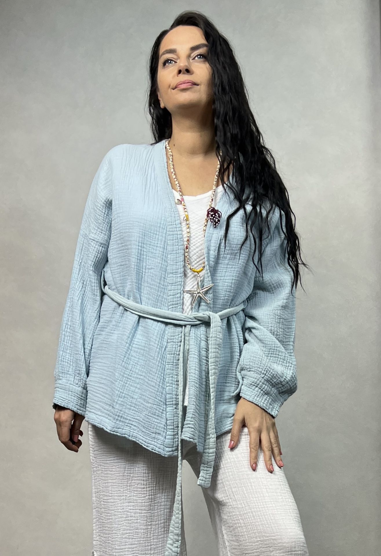Relax Müslin Kısa Kimono - Bulut Mavi