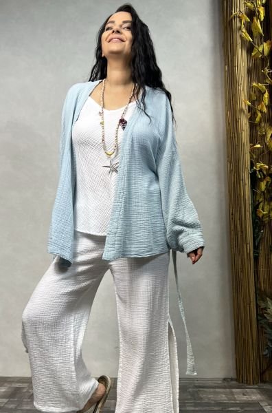 Relax Müslin Kısa Kimono - Bulut Mavi