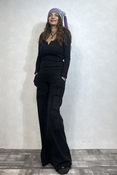 Yama Detaylı Gabardin Pantolon - Siyah