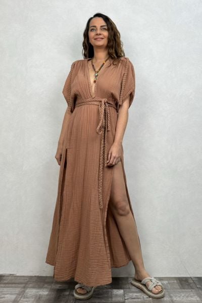 Selene Müslin Elbise Mocha -Kahve Kızıl