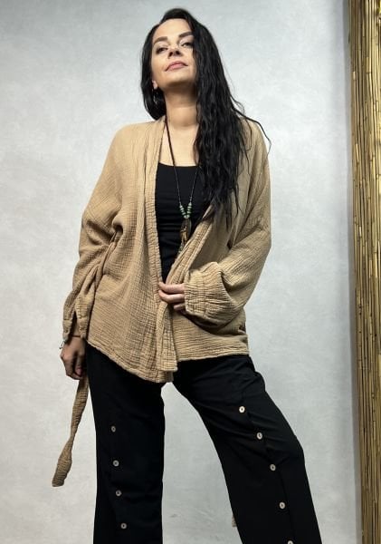 Relax Müslin Kısa Kimono - Kahve