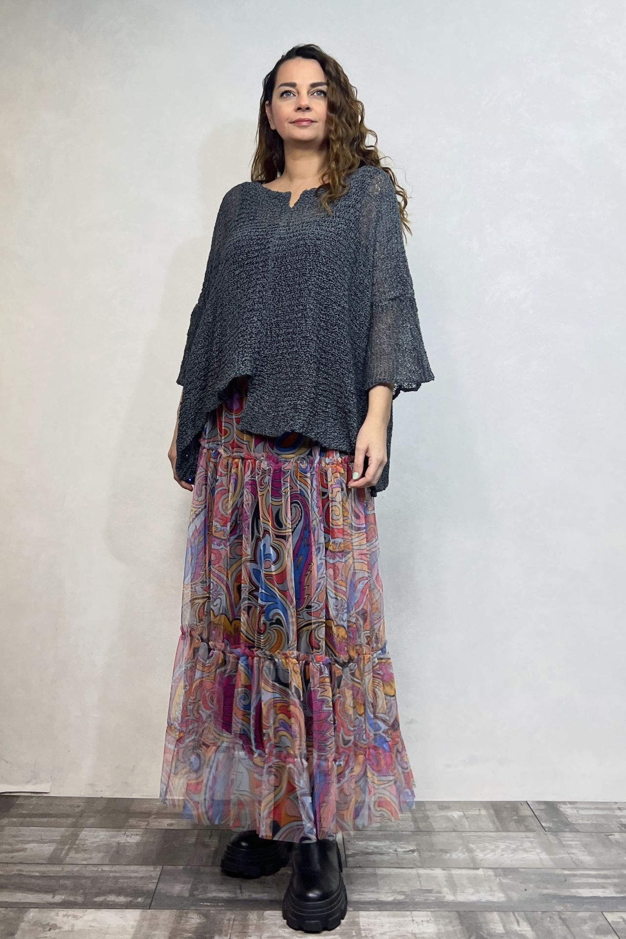 Merserize Bluz ve Tül Etek Kombin - Antrasit Alice