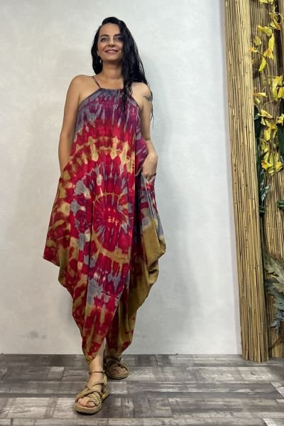 Şalvar Etekli Batik Elbise - Pembe