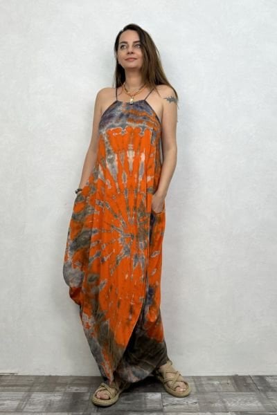 Şalvar Etekli Batik Elbise - Turuncu