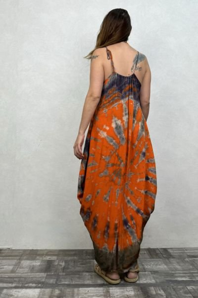 Şalvar Etekli Batik Elbise - Turuncu