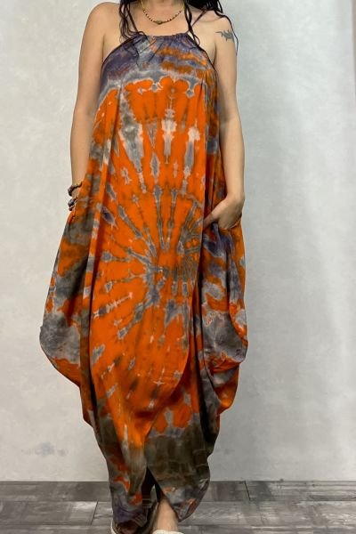 Şalvar Etekli Batik Elbise - Turuncu