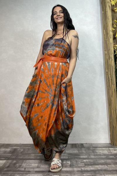 Şalvar Etekli Batik Elbise - Turuncu