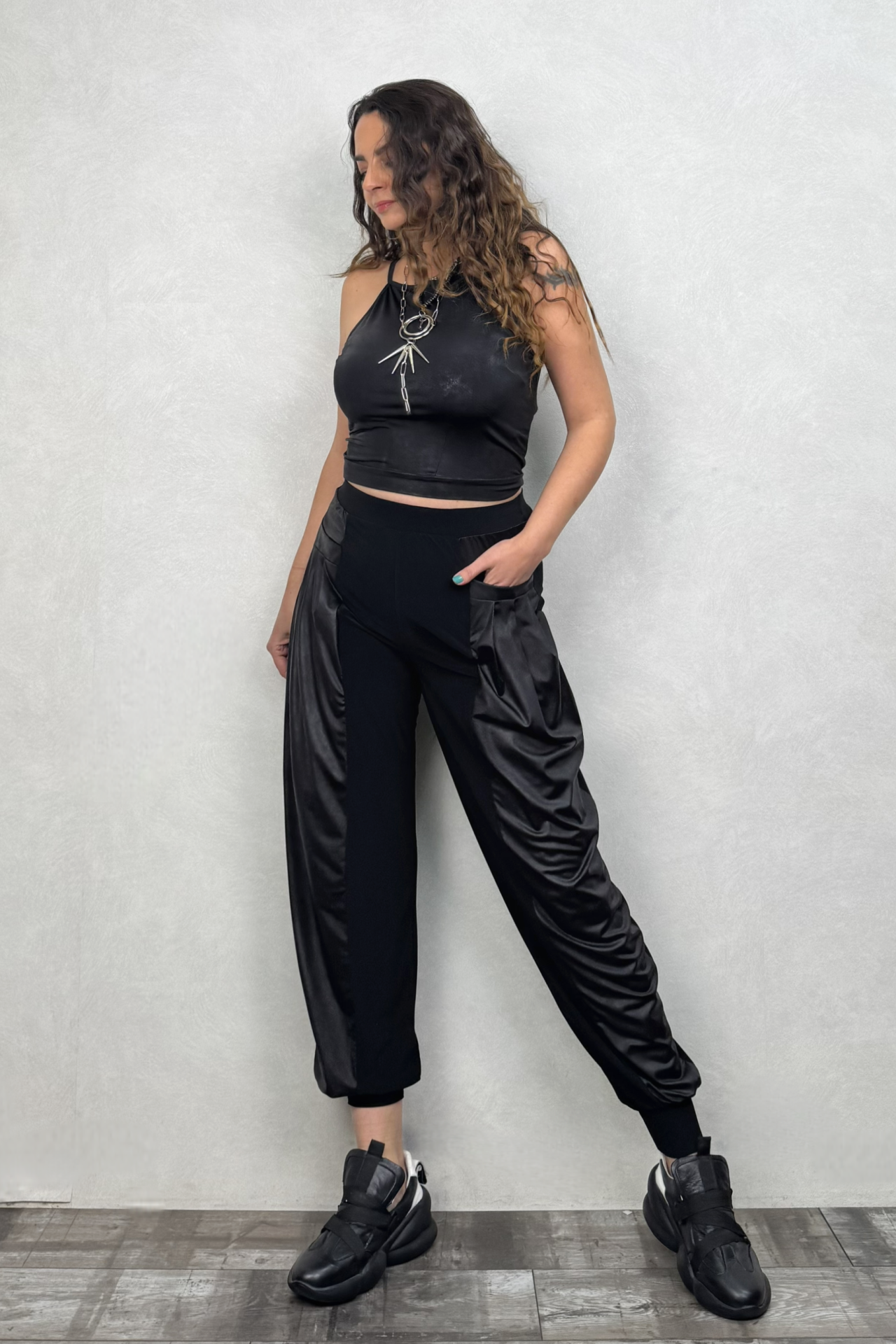 Lamante Subra Deri Detaylı Pantolon -Siyah