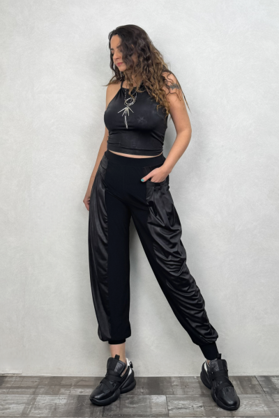 Lamante Subra Deri Detaylı Pantolon -Siyah