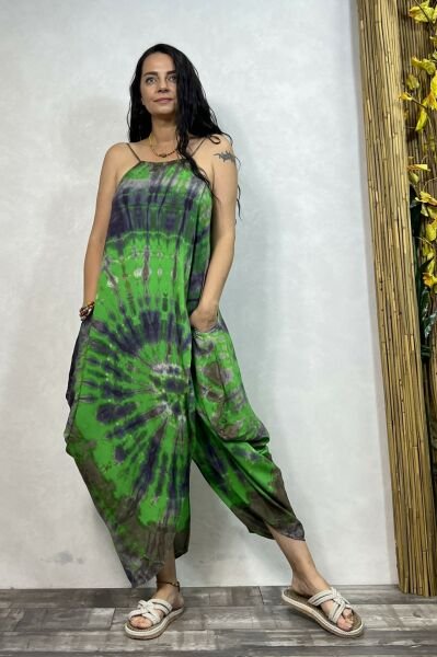 Şalvar Etekli Batik Elbise - Yeşil