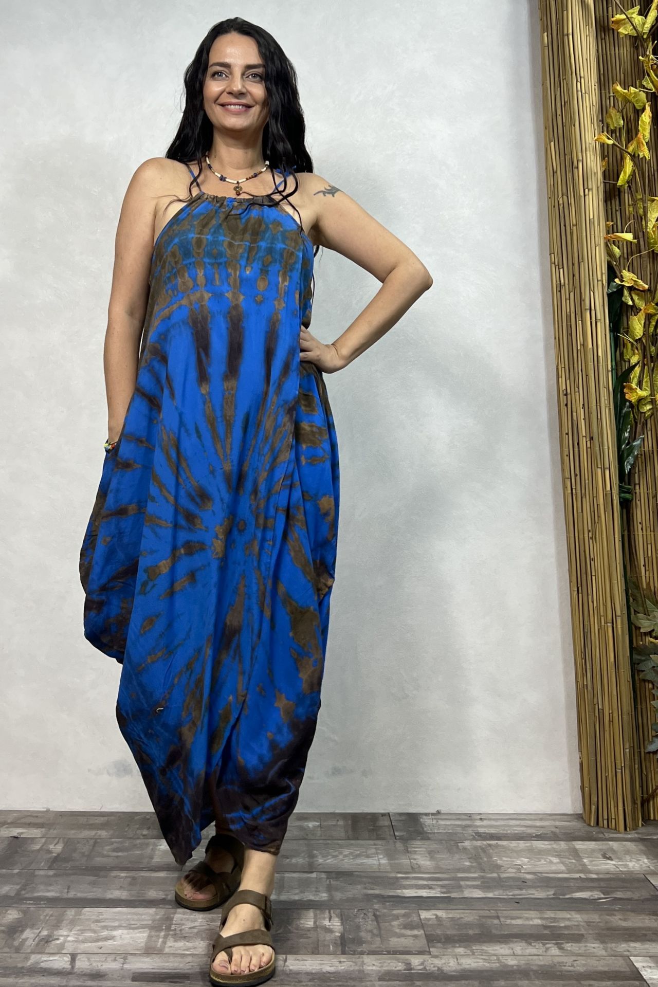 Şalvar Etekli Batik Elbise - Mavi