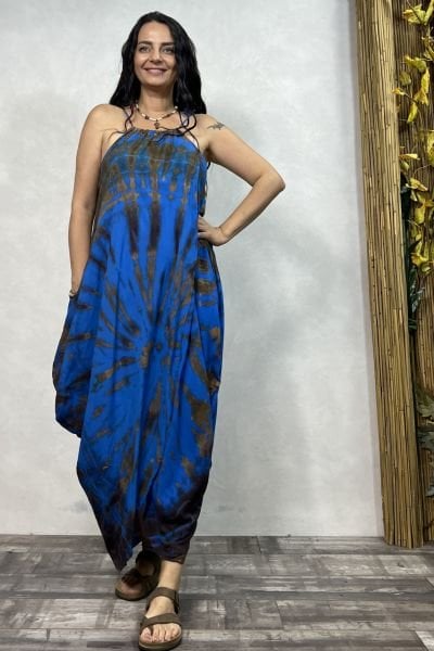 Şalvar Etekli Batik Elbise - Mavi